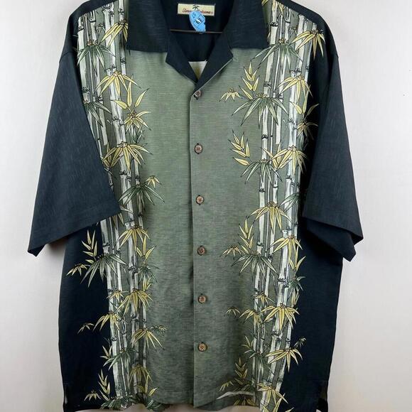 Tommy Bahama Silk Shirt Mens L Bamboo Print Green Black Button Up Camp Hawaiian - Picture 1 of 6